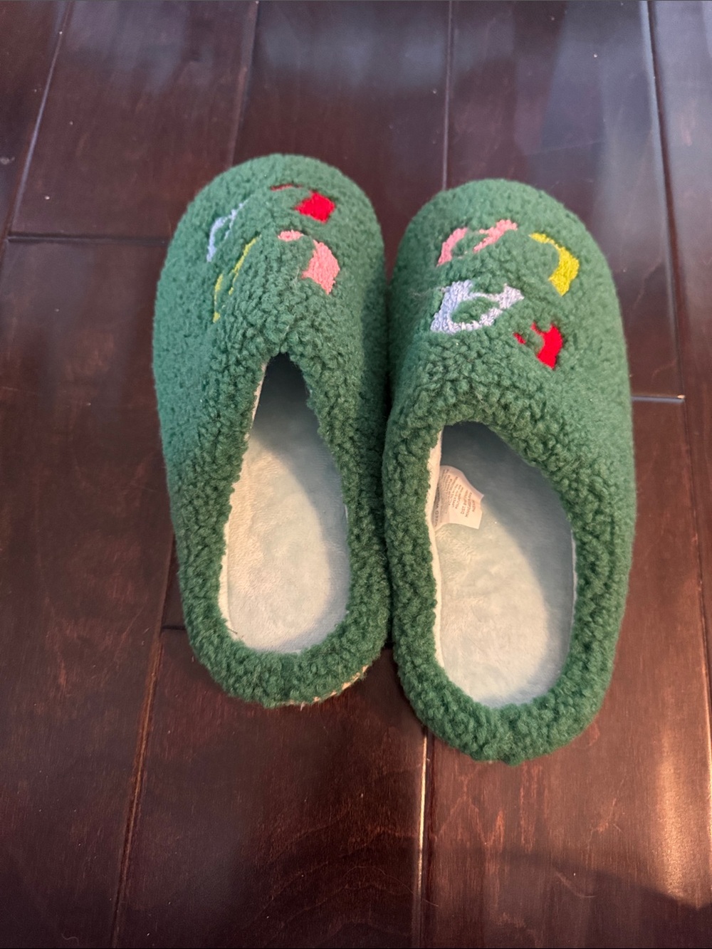 Green Fuzzy Embroidered Slip-On Slippers